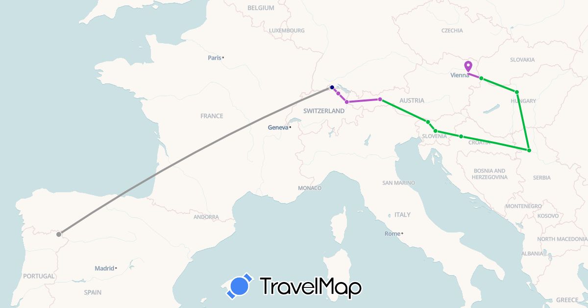TravelMap itinerary: driving, bus, plane, train in Austria, Switzerland, Germany, Croatia, Hungary, Liechtenstein, Portugal, Serbia, Slovenia, Slovakia (Europe)