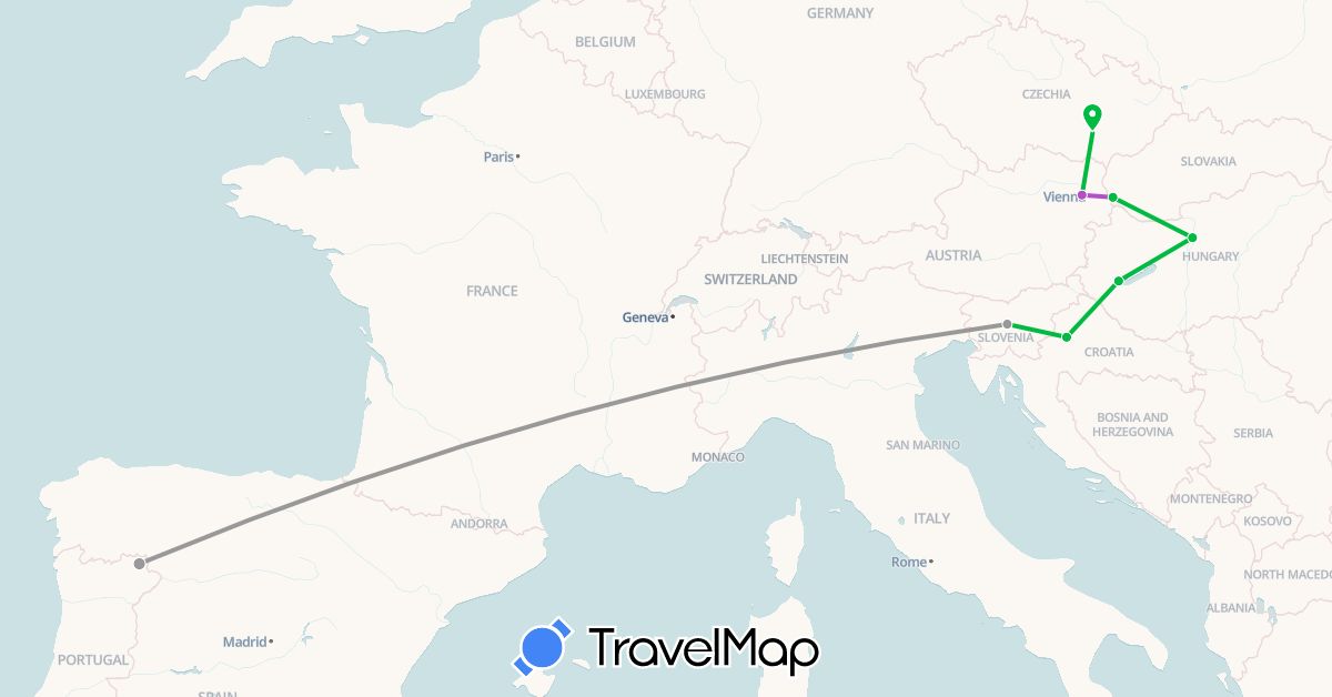 TravelMap itinerary: driving, bus, plane, train in Austria, Czech Republic, Croatia, Hungary, Portugal, Slovenia, Slovakia (Europe)