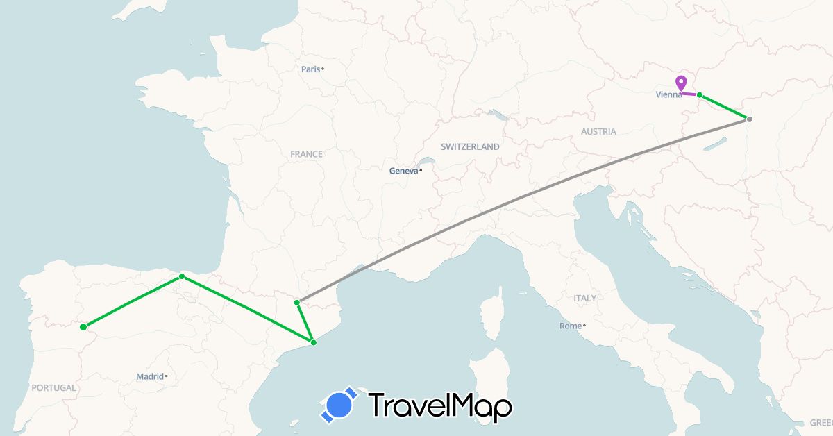 TravelMap itinerary: driving, bus, plane, train in Andorra, Austria, Spain, Hungary, Portugal, Slovakia (Europe)