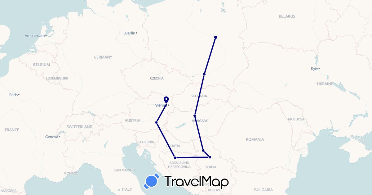 TravelMap itinerary: driving in Austria, Bosnia and Herzegovina, Hungary, Poland, Serbia (Europe)
